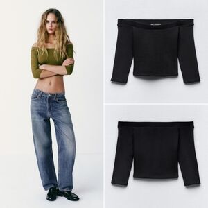 ZARA // black off the shoulder elbow length sleeve soft stretchy crop top